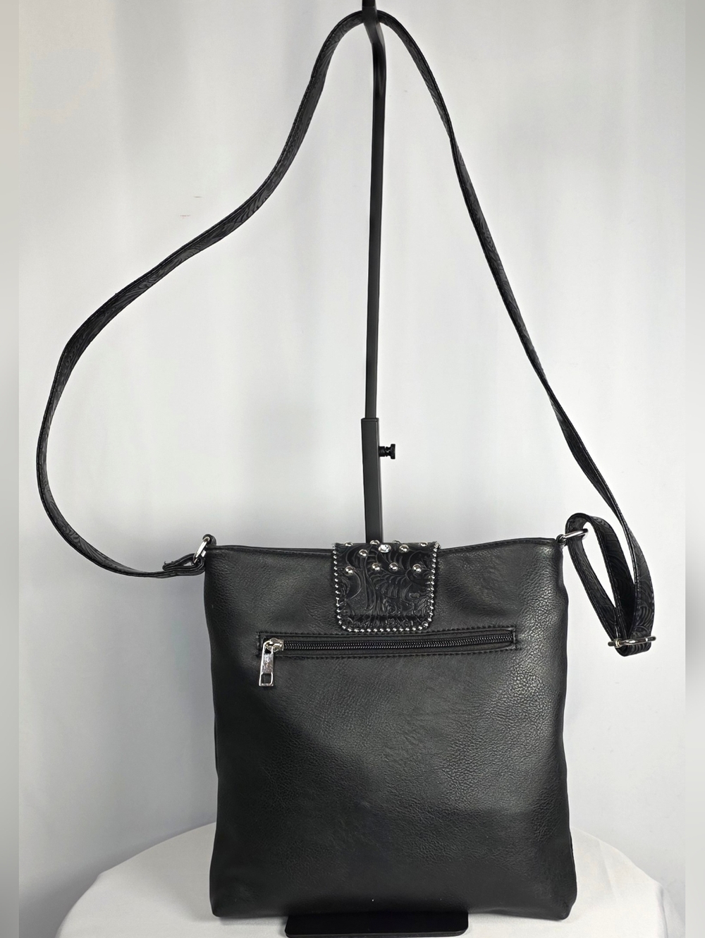 estern Rhinestone Studded Crossbody Tote Black Leather Look Bag - Picture 2 of 4